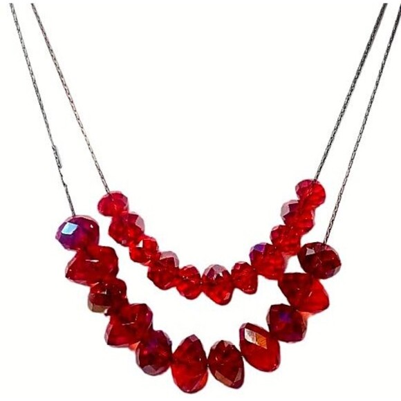 Red Crystal Layered Necklace 20" 2-Tier Beaded Silver Chain Formal - Picture 2 of 16